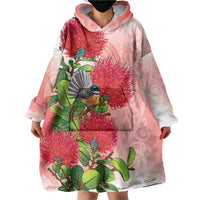 New Zealand Fantail Wearable Blanket Hoodie Maori Koru With Pohutukawa Flowers LT05 - Polynesian Pride