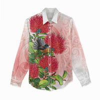 New Zealand Fantail Women Casual Shirt Maori Koru With Pohutukawa Flowers LT05 - Polynesian Pride