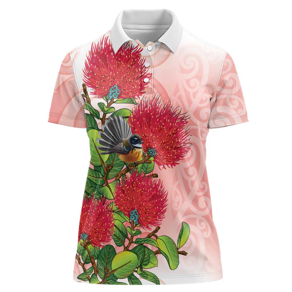 New Zealand Fantail Women Polo Shirt Maori Koru With Pohutukawa Flowers LT05 Female Red - Polynesian Pride