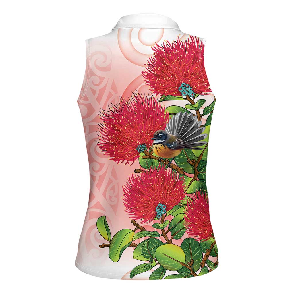 New Zealand Fantail Women Sleeveless Polo Shirt Maori Koru With Pohutukawa Flowers LT05 - Polynesian Pride