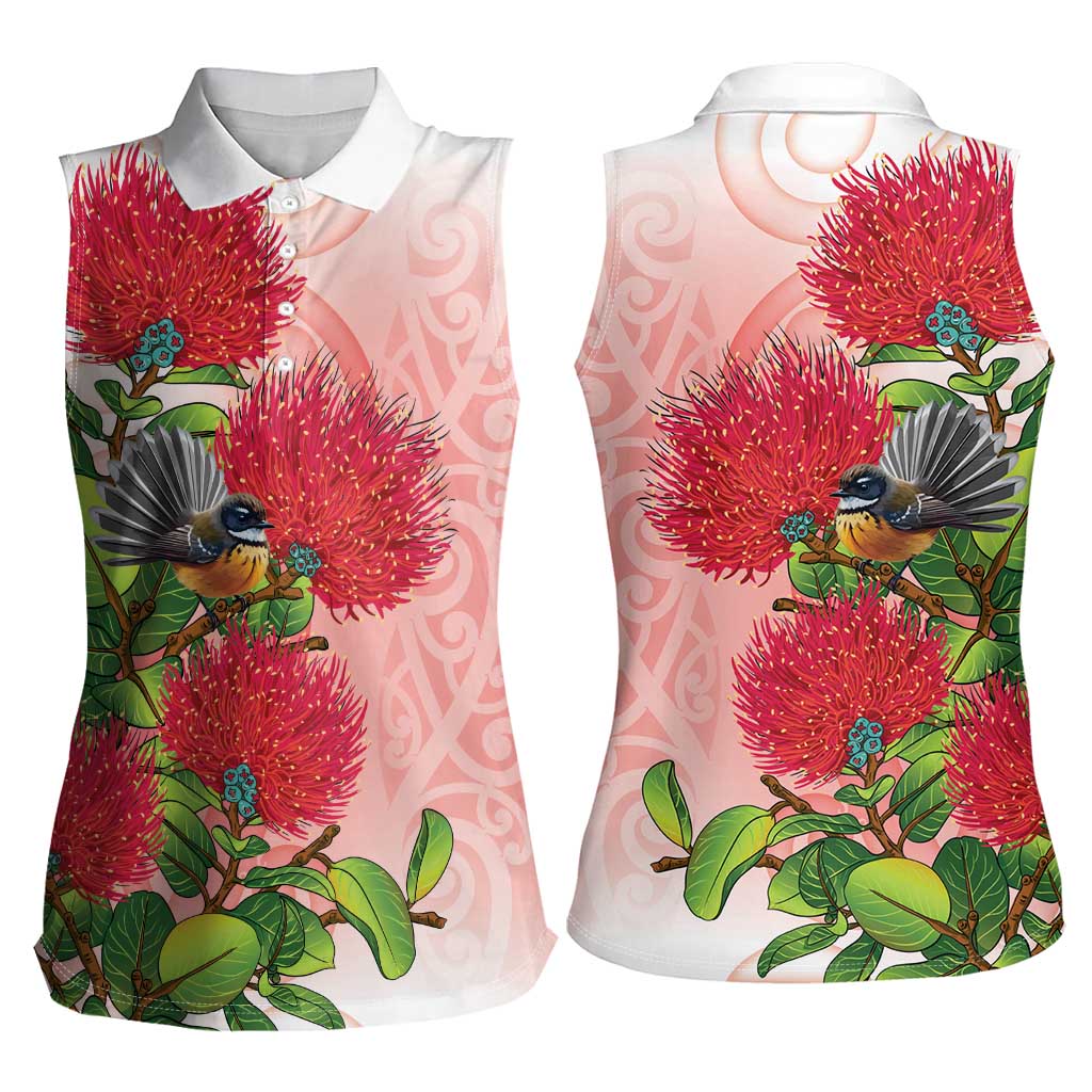 New Zealand Fantail Women Sleeveless Polo Shirt Maori Koru With Pohutukawa Flowers LT05 - Polynesian Pride