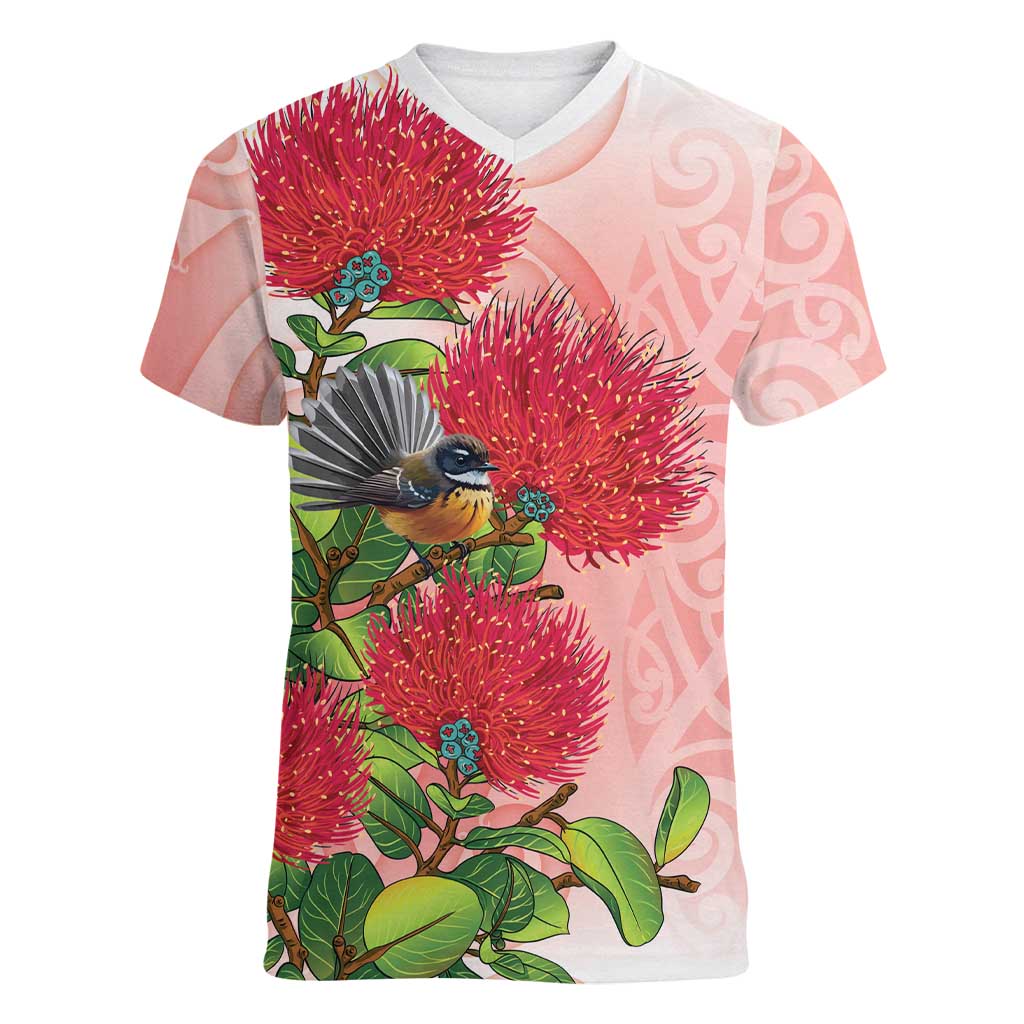 New Zealand Fantail Women V-Neck T-Shirt Maori Koru With Pohutukawa Flowers LT05 Female Red - Polynesian Pride