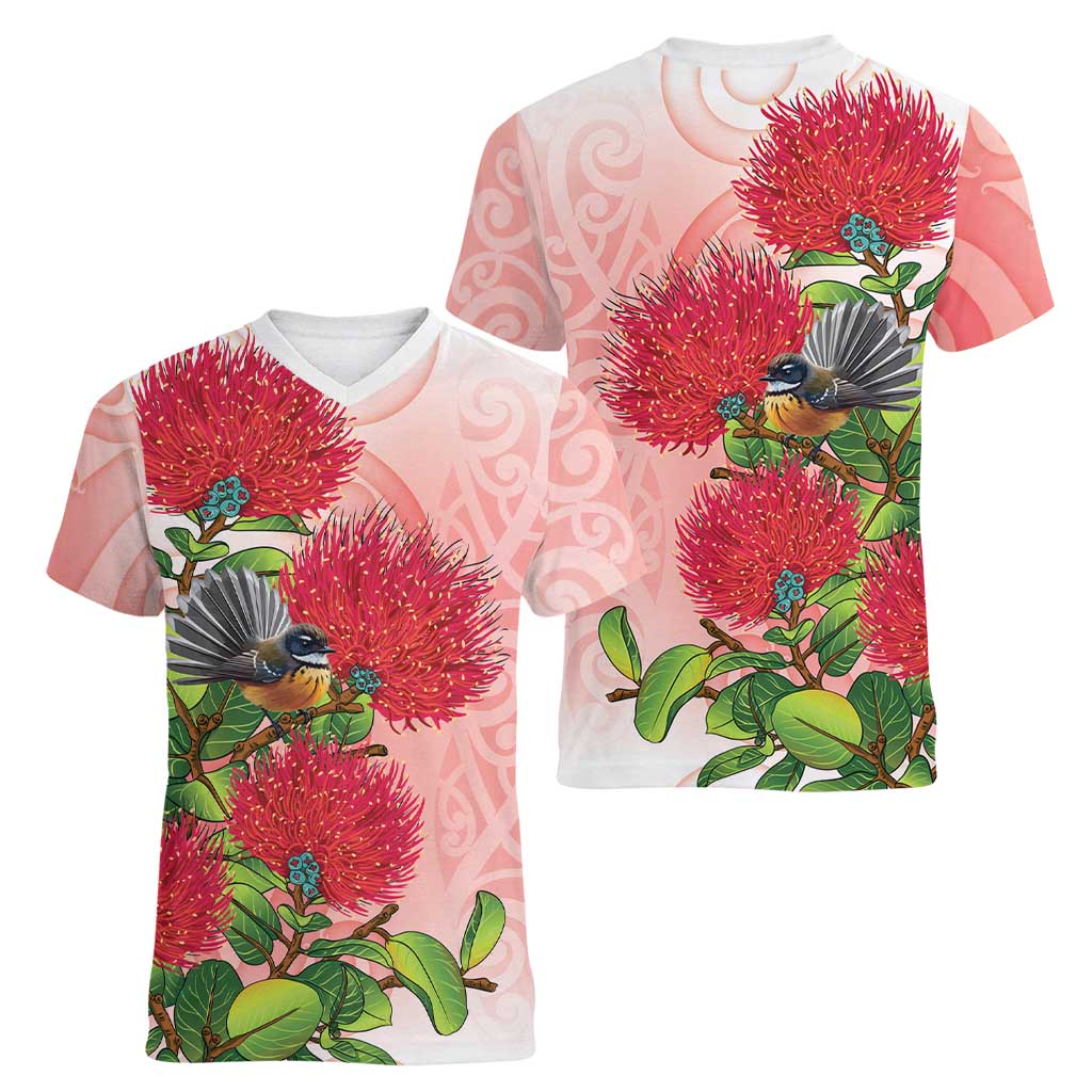 New Zealand Fantail Women V-Neck T-Shirt Maori Koru With Pohutukawa Flowers LT05 - Polynesian Pride
