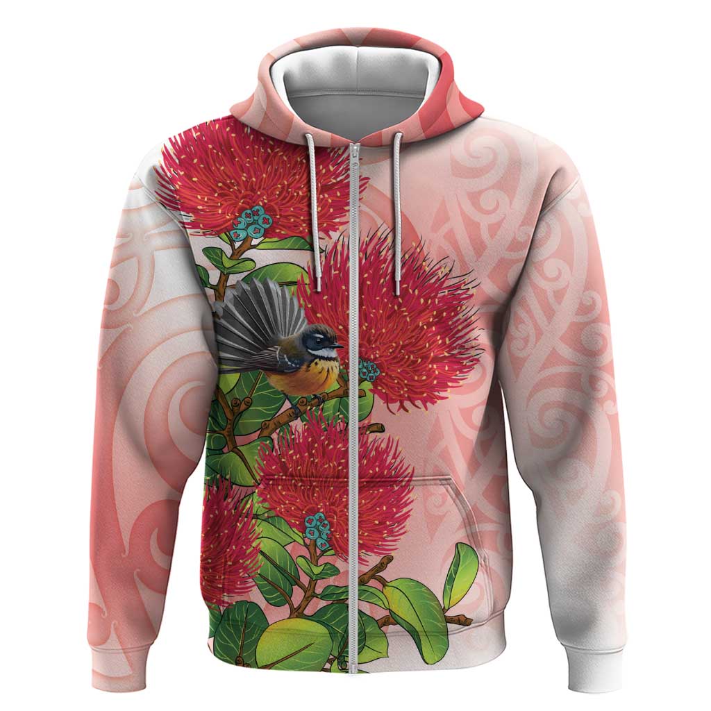 New Zealand Fantail Zip Hoodie Maori Koru With Pohutukawa Flowers - Polynesian Pride
