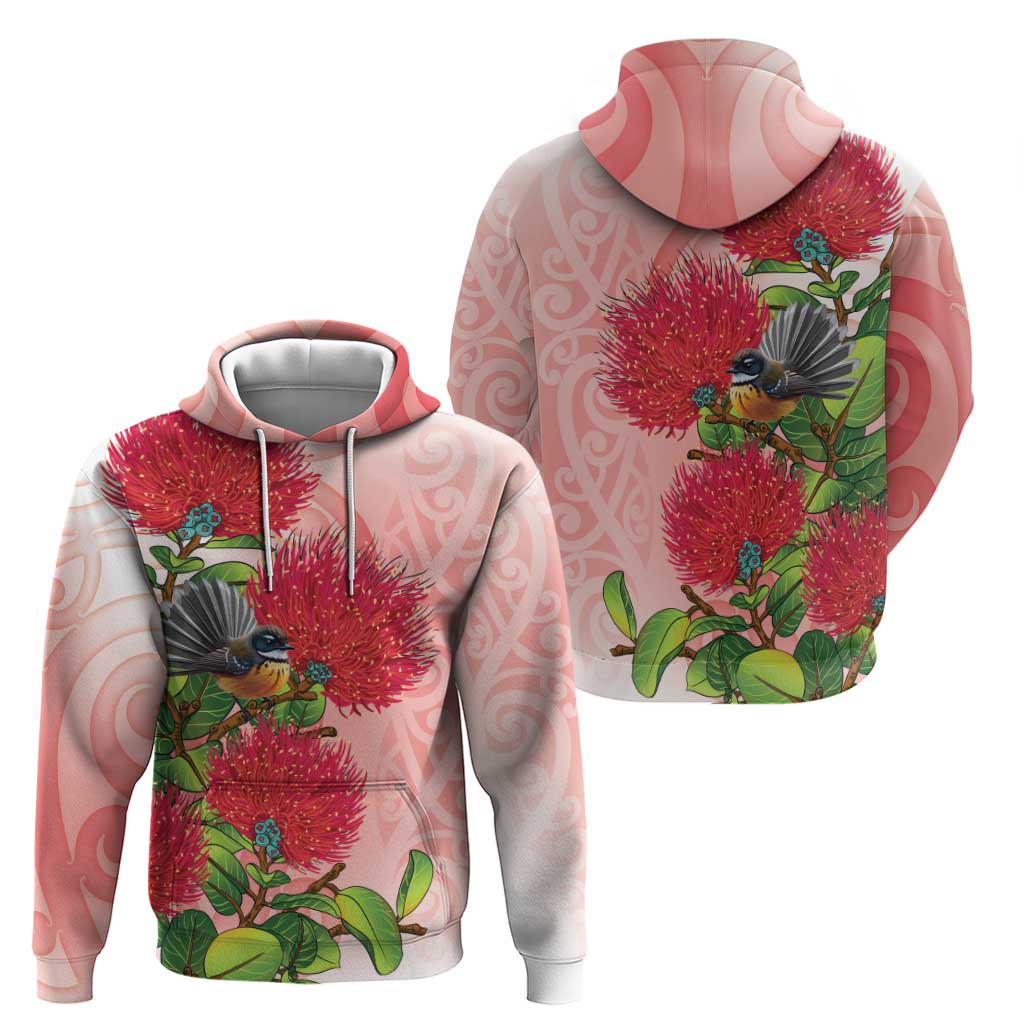 New Zealand Fantail Zip Hoodie Maori Koru With Pohutukawa Flowers LT05 - Polynesian Pride