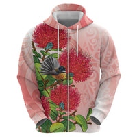 New Zealand Fantail Zip Hoodie Maori Koru With Pohutukawa Flowers LT05 - Polynesian Pride