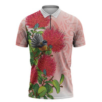 New Zealand Fantail Zipper Polo Shirt Maori Koru With Pohutukawa Flowers LT05 Red - Polynesian Pride