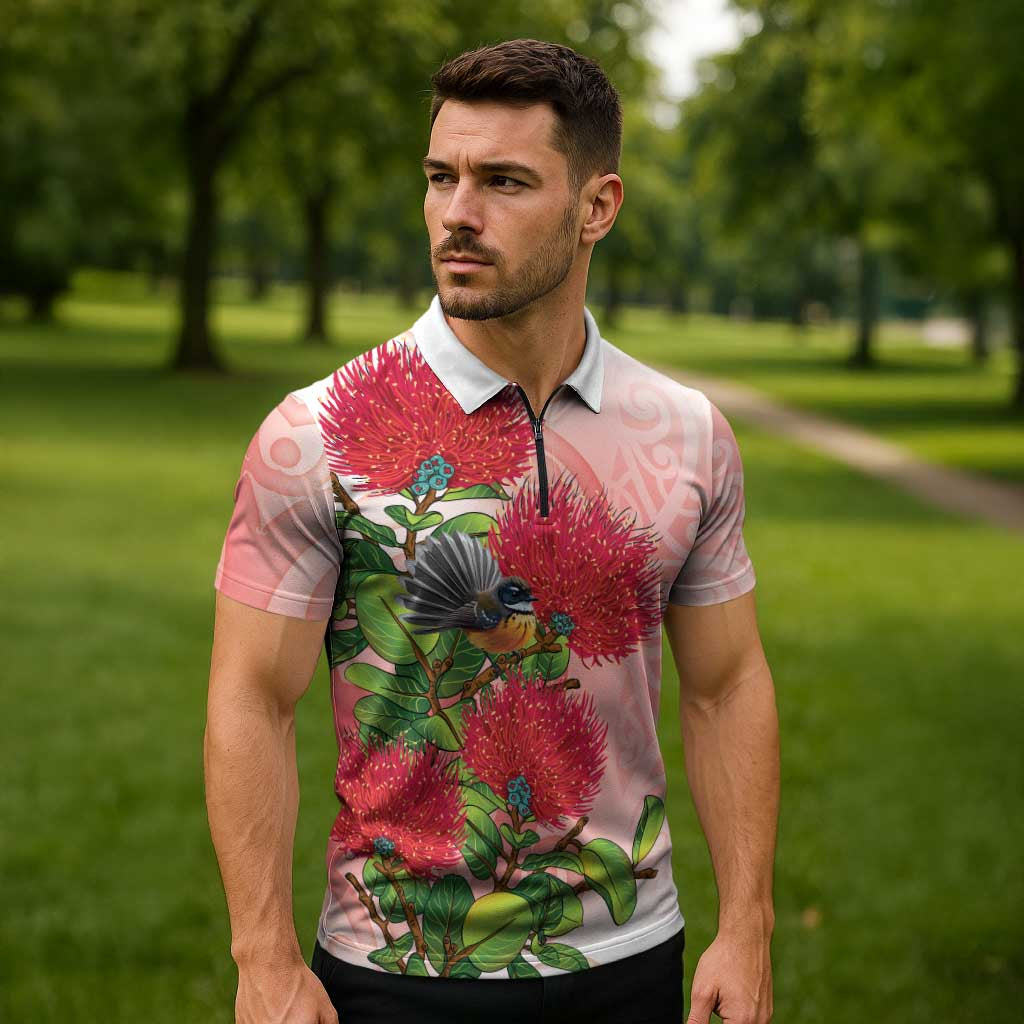 New Zealand Fantail Zipper Polo Shirt Maori Koru With Pohutukawa Flowers LT05 - Polynesian Pride