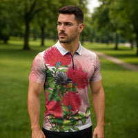 New Zealand Fantail Zipper Polo Shirt Maori Koru With Pohutukawa Flowers LT05 - Polynesian Pride