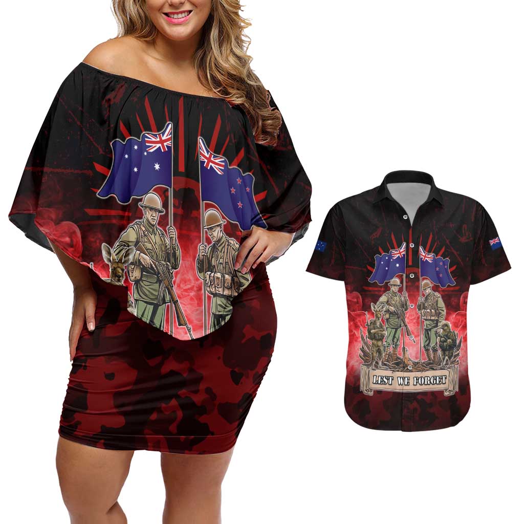 Australia And New Zealand ANZAC Day Couples Matching Off Shoulder Short Dress and Hawaiian Shirt Soldiers Lest We Forget LT05 Red - Polynesian Pride