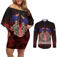 Australia And New Zealand ANZAC Day Couples Matching Off Shoulder Short Dress and Long Sleeve Button Shirt Soldiers Lest We Forget LT05 Red - Polynesian Pride