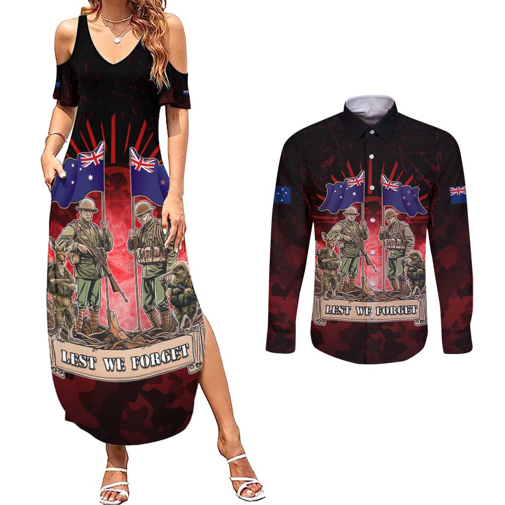 Australia And New Zealand ANZAC Day Couples Matching Summer Maxi Dress and Long Sleeve Button Shirt Soldiers Lest We Forget LT05 Red - Polynesian Pride
