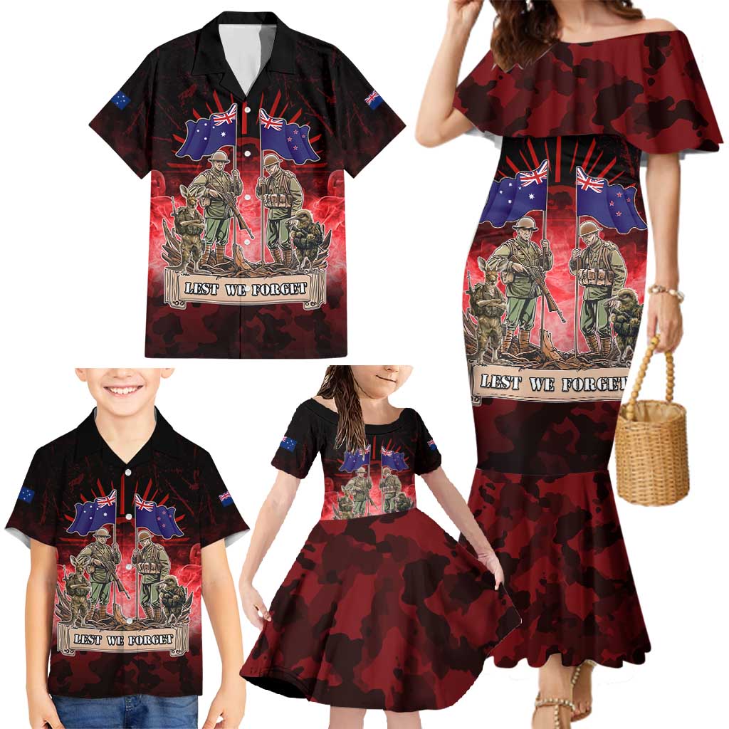 Australia And New Zealand ANZAC Day Family Matching Mermaid Dress and Hawaiian Shirt Soldiers Lest We Forget
