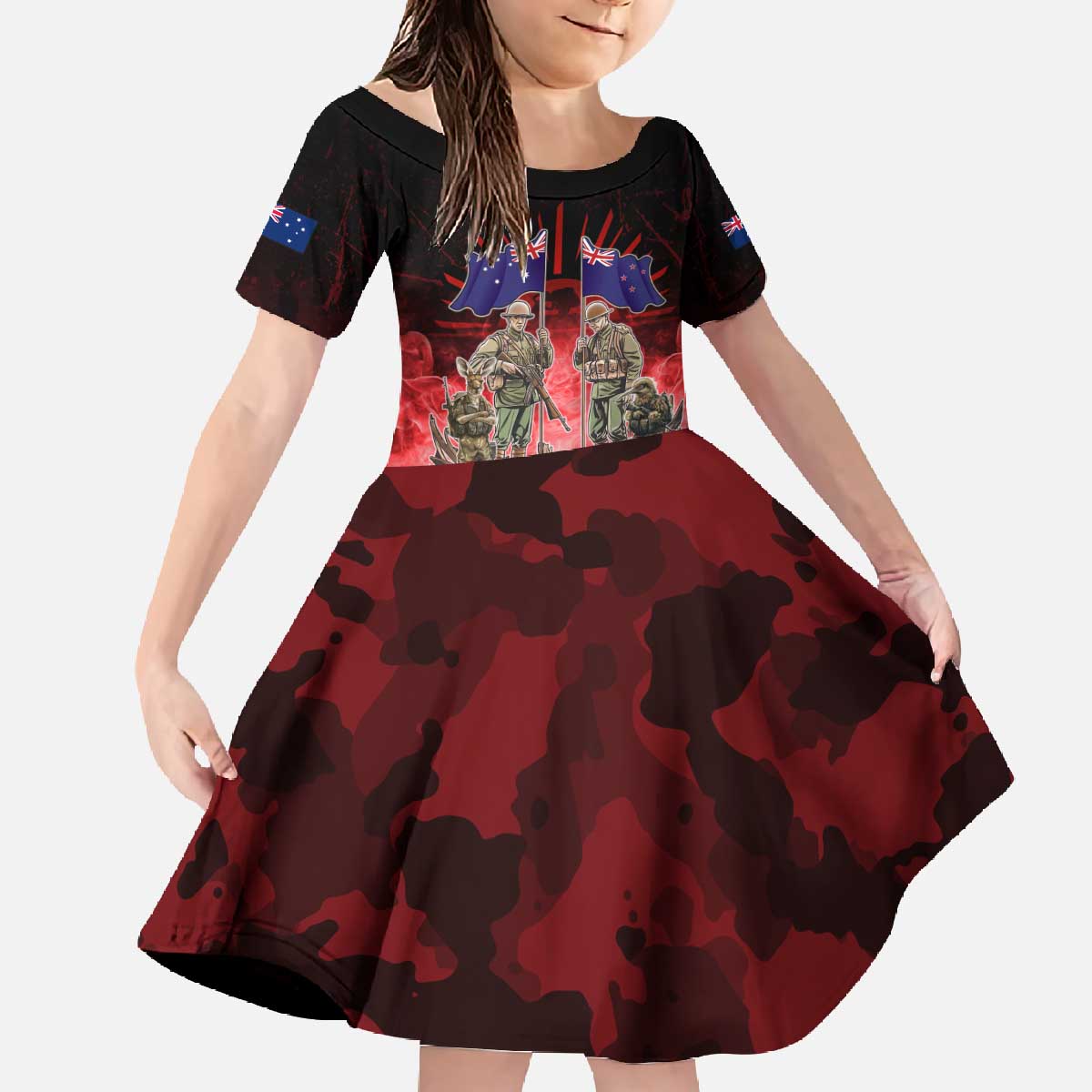 Australia And New Zealand ANZAC Day Family Matching Off The Shoulder Long Sleeve Dress and Hawaiian Shirt Soldiers Lest We Forget LT05 Daughter's Dress Red - Polynesian Pride