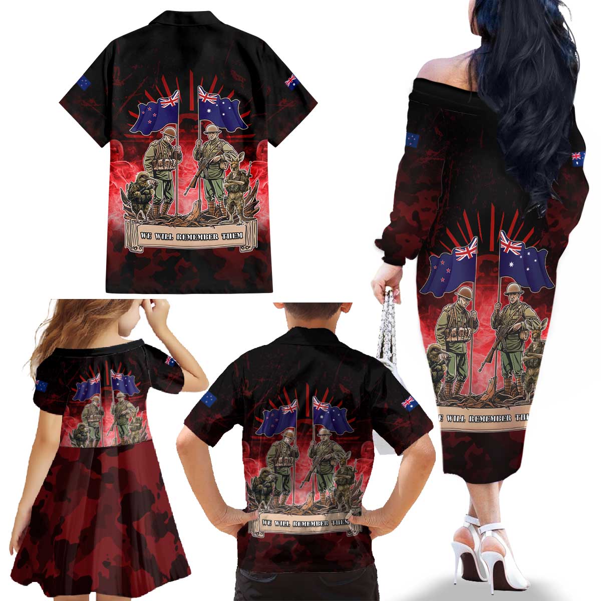 Australia And New Zealand ANZAC Day Family Matching Off The Shoulder Long Sleeve Dress and Hawaiian Shirt Soldiers Lest We Forget LT05 - Polynesian Pride