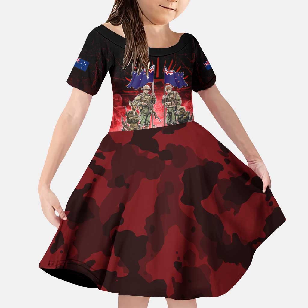 Australia And New Zealand ANZAC Day Family Matching Summer Maxi Dress and Hawaiian Shirt Soldiers Lest We Forget LT05 Daughter's Dress Red - Polynesian Pride