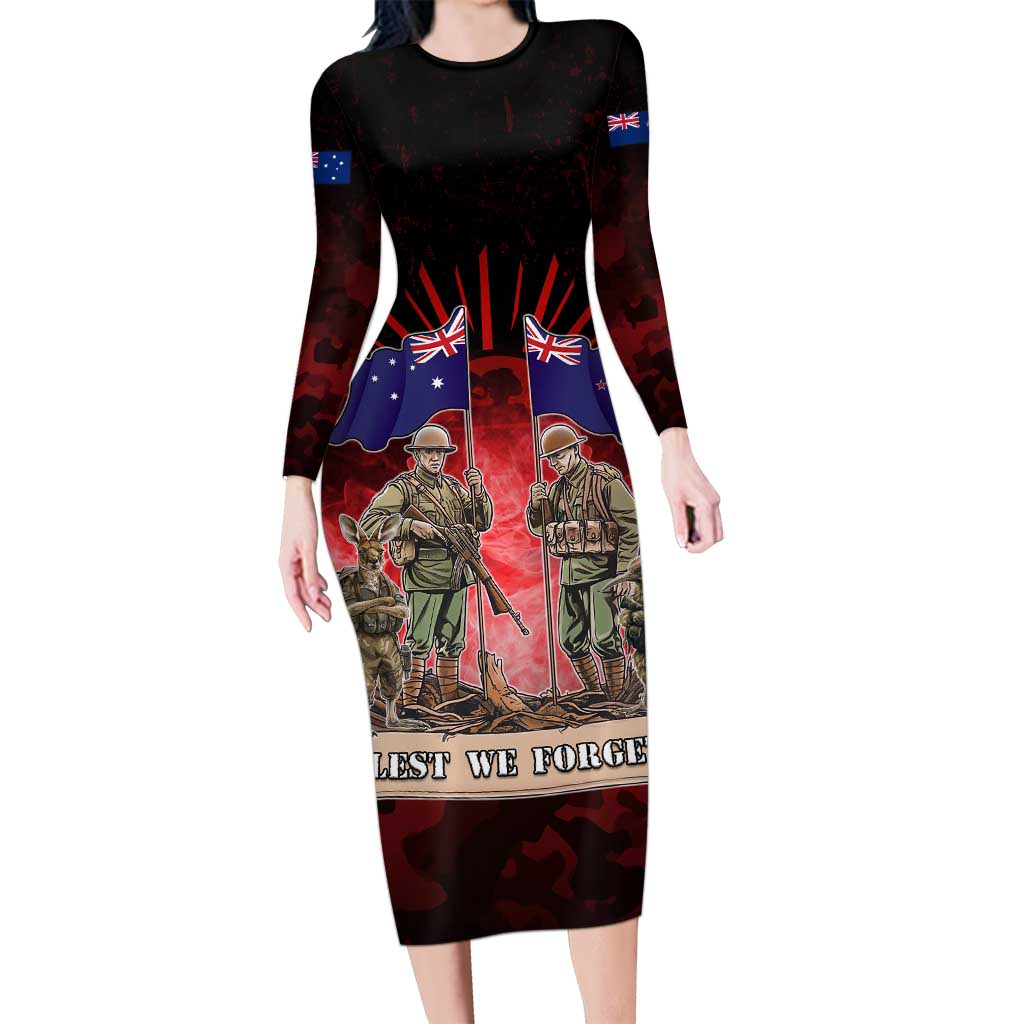 Australia And New Zealand ANZAC Day Long Sleeve Bodycon Dress Soldiers Lest We Forget