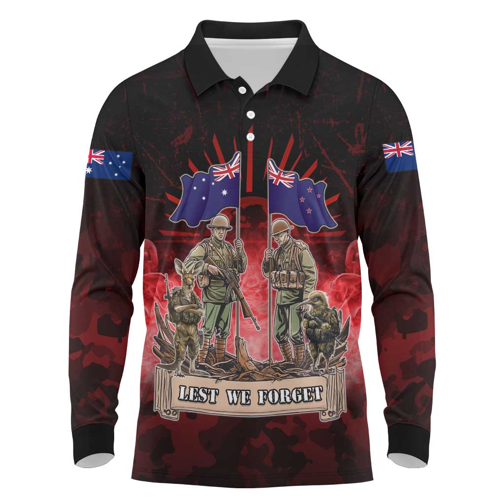 Australia And New Zealand ANZAC Day Long Sleeve Polo Shirt Soldiers Lest We Forget