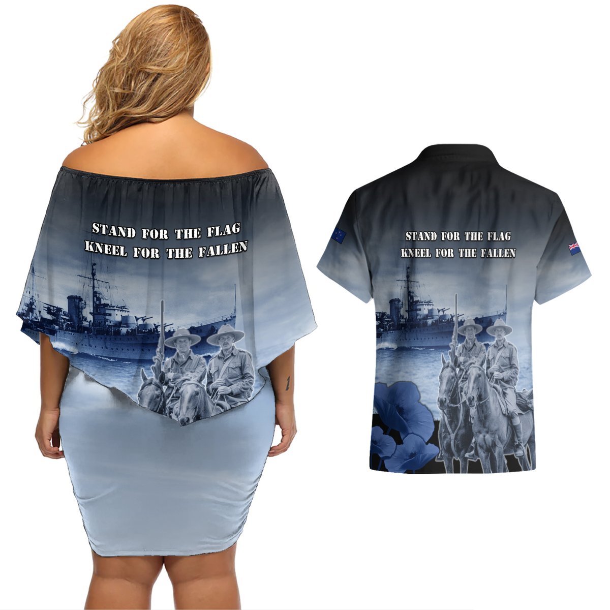 New Zealand ANZAC Day Couples Matching Off Shoulder Short Dress and Hawaiian Shirt HMNZS Achilles We Will Remember Them LT05 - Polynesian Pride