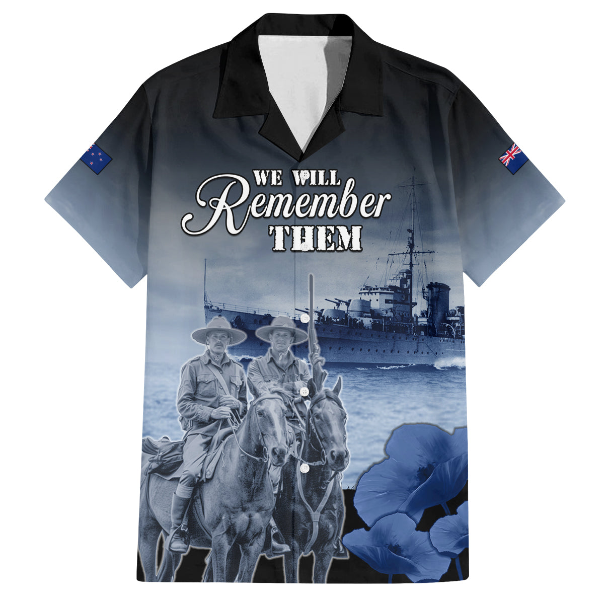 New Zealand ANZAC Day Family Matching Off Shoulder Short Dress and Hawaiian Shirt HMNZS Achilles We Will Remember Them LT05 Dad's Shirt - Short Sleeve Blue - Polynesian Pride