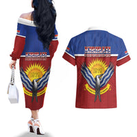 Kiribati 45th Independence Day Couples Matching Off The Shoulder Long Sleeve Dress and Hawaiian Shirt Lesser Frigatebird Tribal Pattern