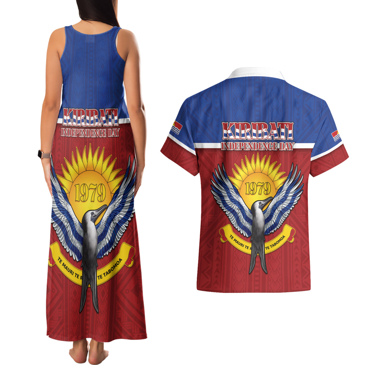 Kiribati 45th Independence Day Couples Matching Tank Maxi Dress and Hawaiian Shirt Lesser Frigatebird Tribal Pattern