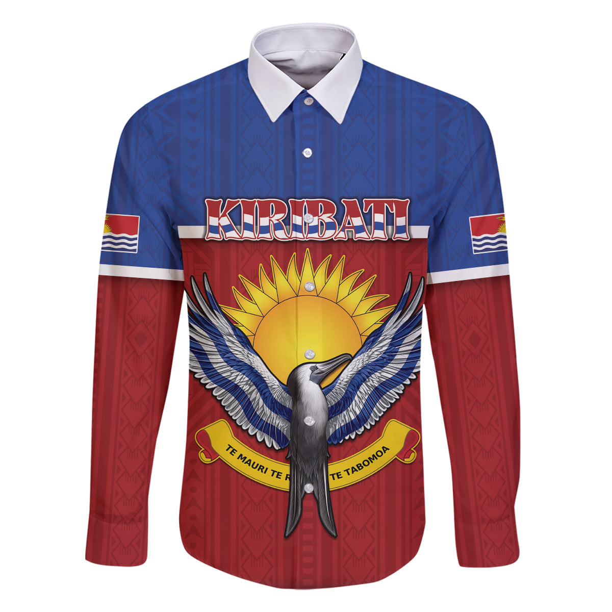 Kiribati 45th Independence Day Family Matching Mermaid Dress and Hawaiian Shirt Lesser Frigatebird Tribal Pattern LT05 Dad's Shirt - Long Sleeve Red - Polynesian Pride