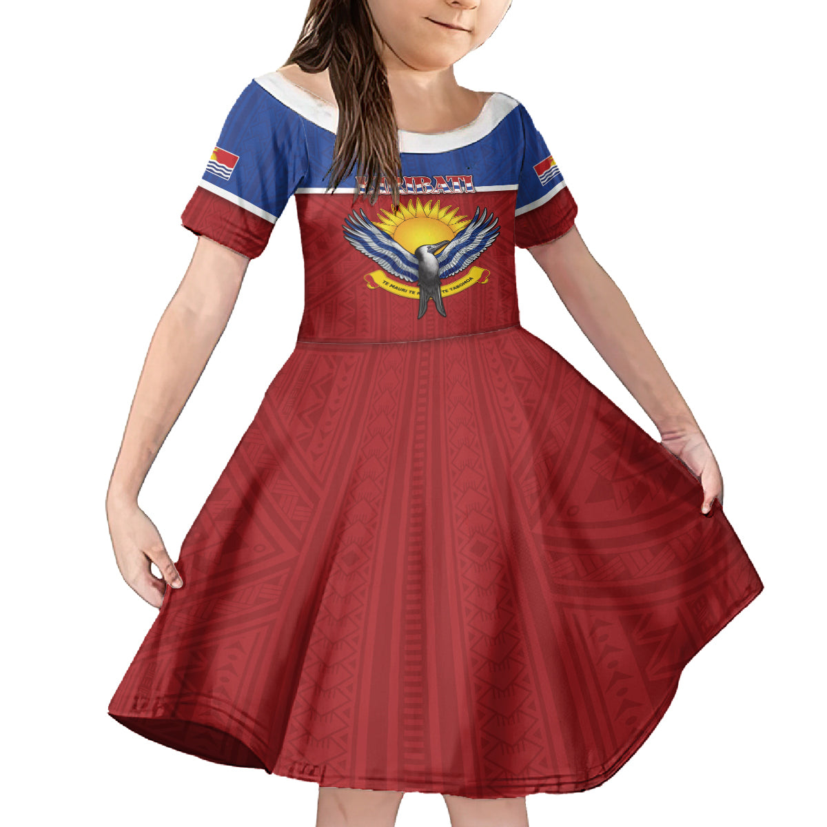 Kiribati 45th Independence Day Family Matching Off The Shoulder Long Sleeve Dress and Hawaiian Shirt Lesser Frigatebird Tribal Pattern LT05 Daughter's Dress Red - Polynesian Pride