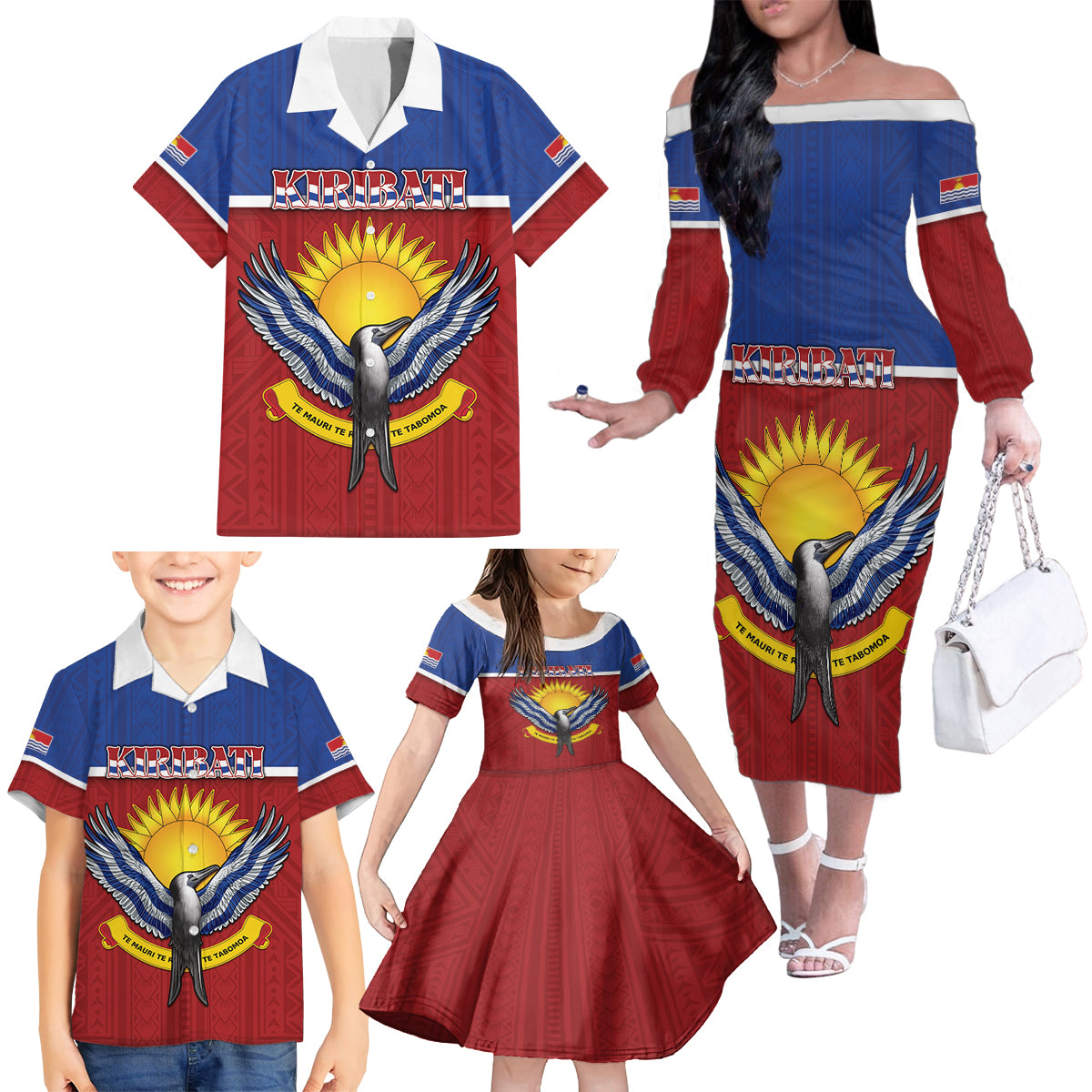 Kiribati 45th Independence Day Family Matching Off The Shoulder Long Sleeve Dress and Hawaiian Shirt Lesser Frigatebird Tribal Pattern LT05 - Polynesian Pride