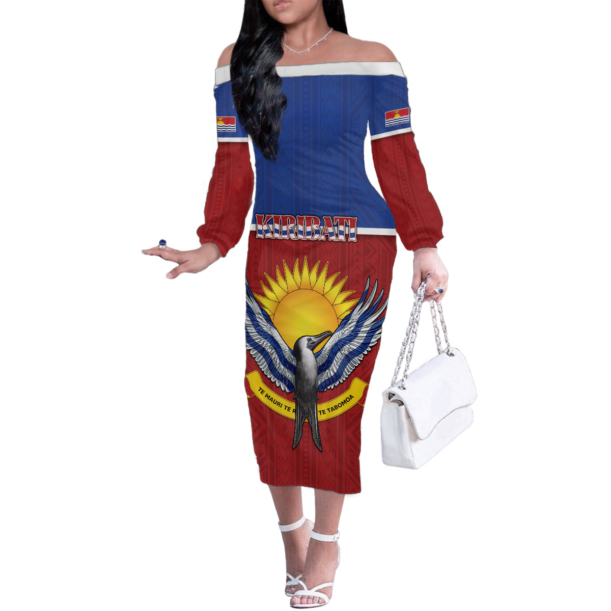 Kiribati 45th Independence Day Family Matching Off The Shoulder Long Sleeve Dress and Hawaiian Shirt Lesser Frigatebird Tribal Pattern LT05 Mom's Dress Red - Polynesian Pride
