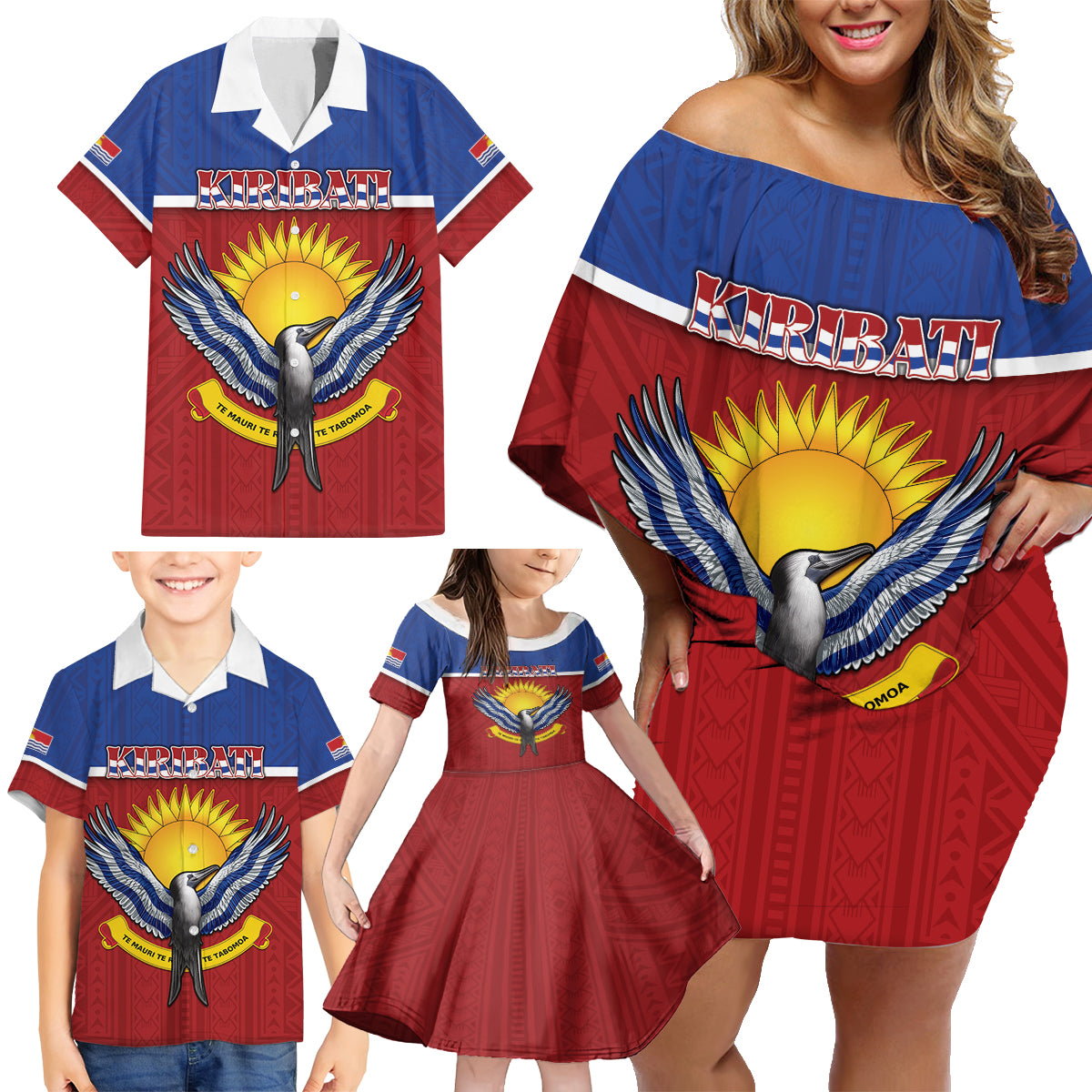 Kiribati 45th Independence Day Family Matching Off Shoulder Short Dress and Hawaiian Shirt Lesser Frigatebird Tribal Pattern LT05 - Polynesian Pride