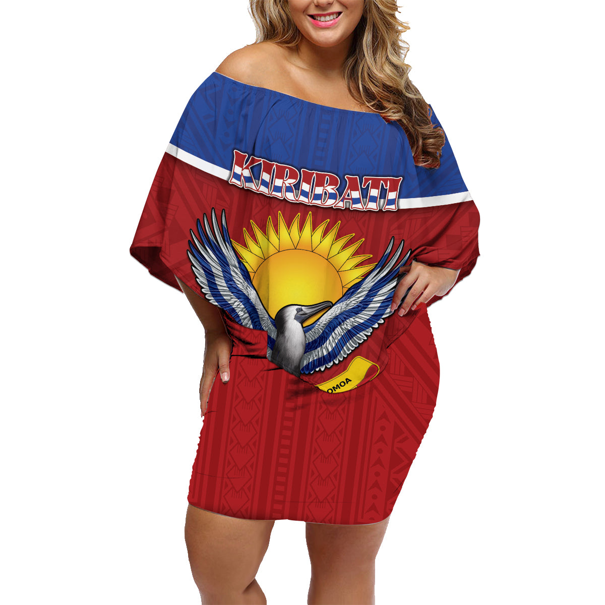 Kiribati 45th Independence Day Family Matching Off Shoulder Short Dress and Hawaiian Shirt Lesser Frigatebird Tribal Pattern LT05 Mom's Dress Red - Polynesian Pride