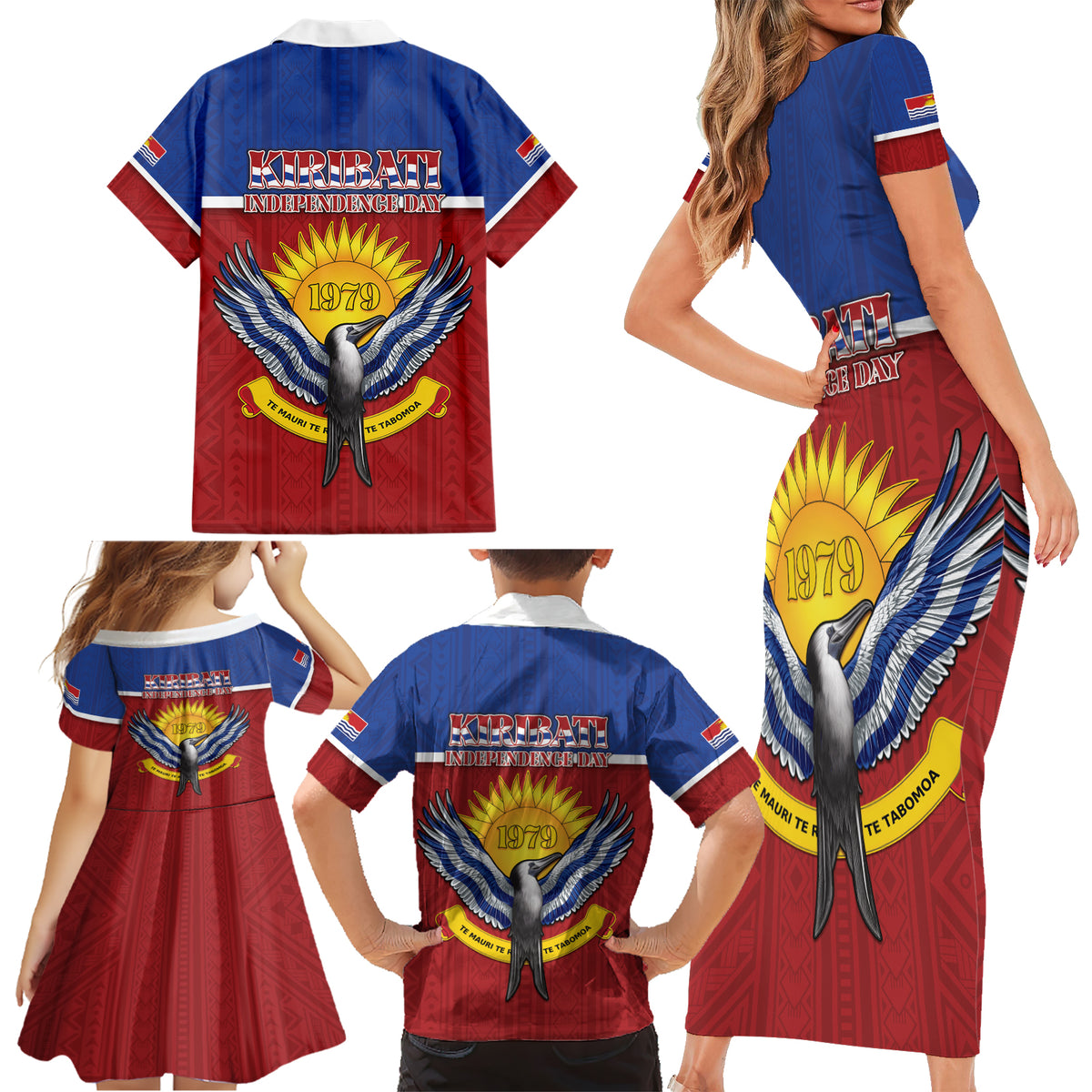 Kiribati 45th Independence Day Family Matching Short Sleeve Bodycon Dress and Hawaiian Shirt Lesser Frigatebird Tribal Pattern LT05 - Polynesian Pride
