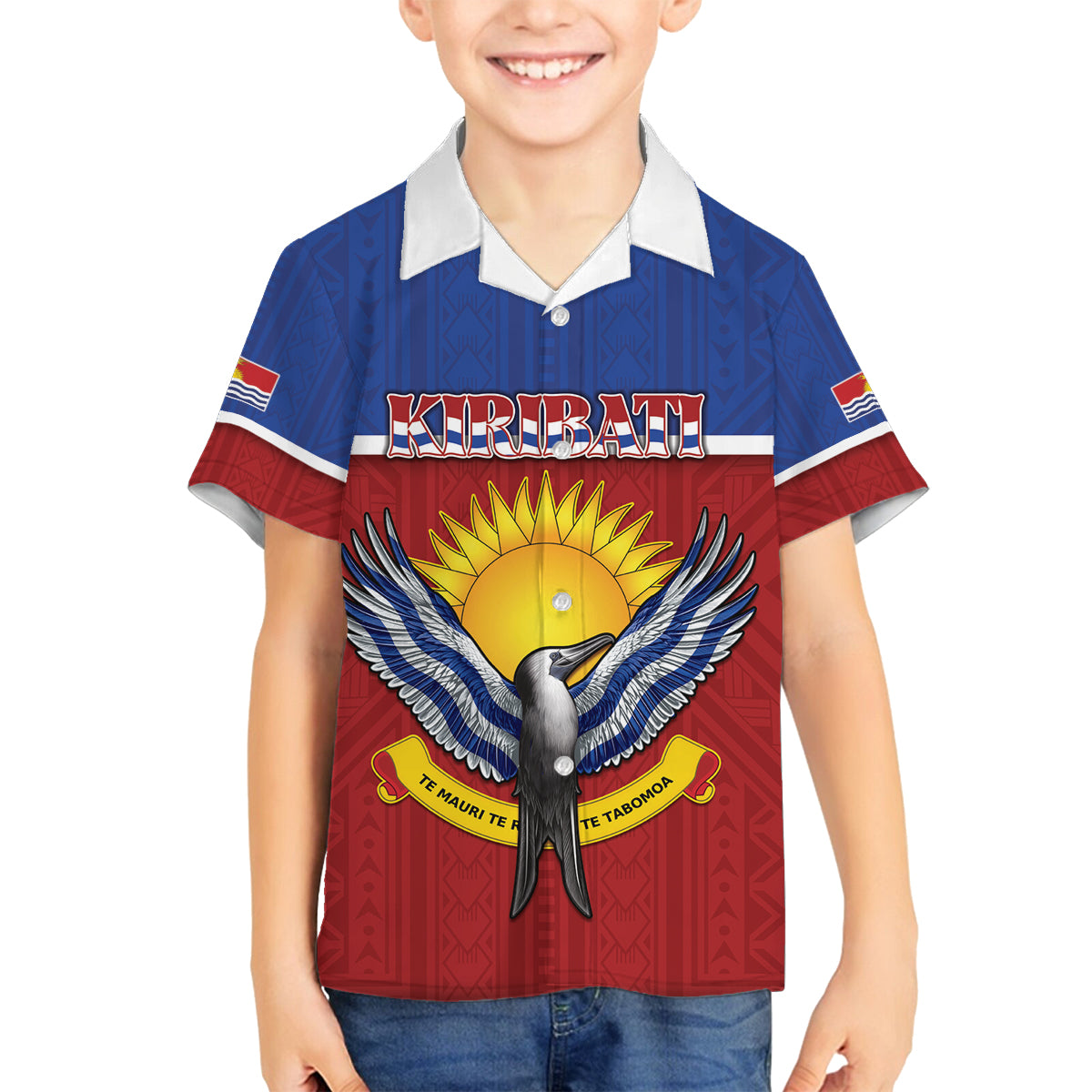 Kiribati 45th Independence Day Family Matching Tank Maxi Dress and Hawaiian Shirt Lesser Frigatebird Tribal Pattern LT05 Son's Shirt Red - Polynesian Pride