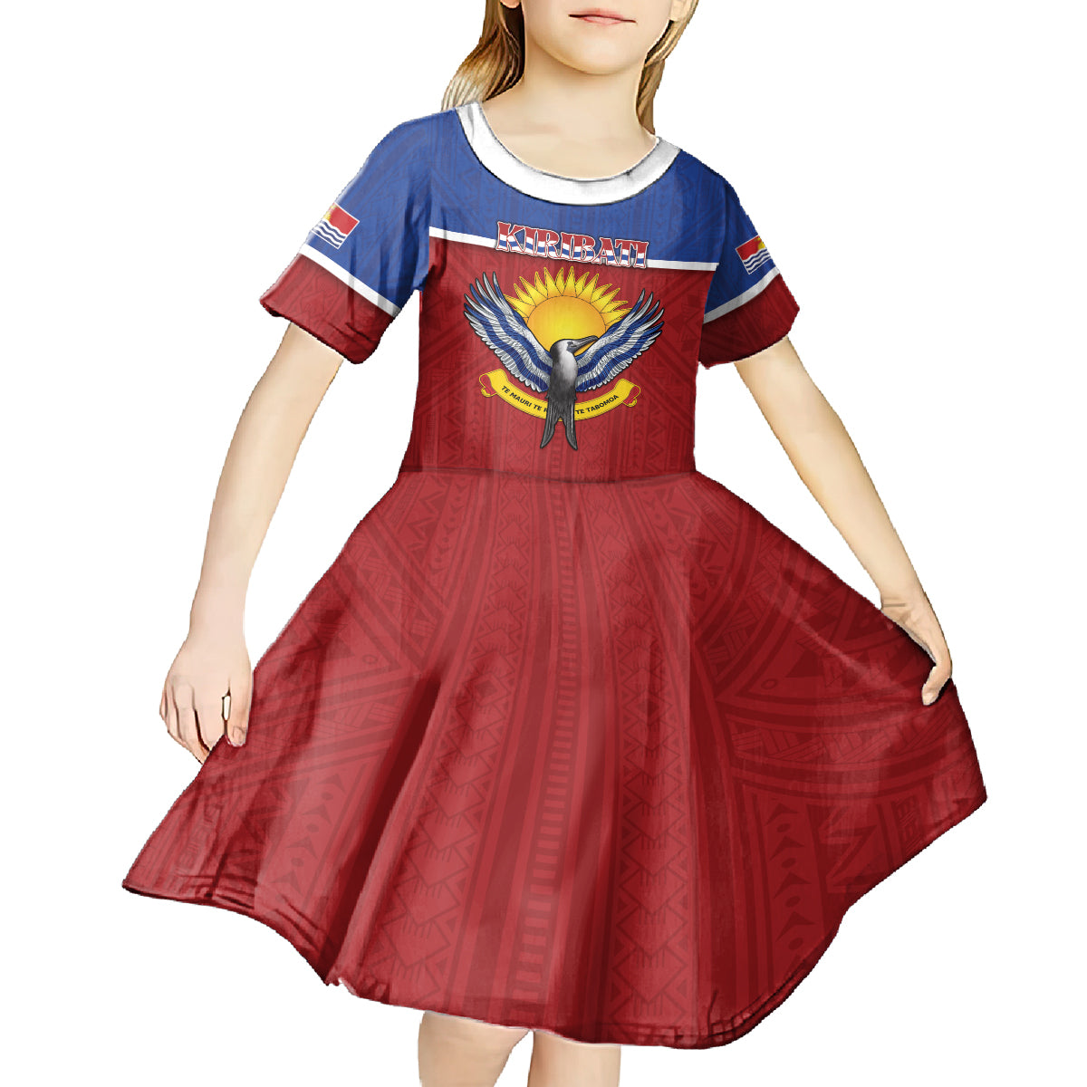 Kiribati 45th Independence Day Kid Short Sleeve Dress Lesser Frigatebird Tribal Pattern