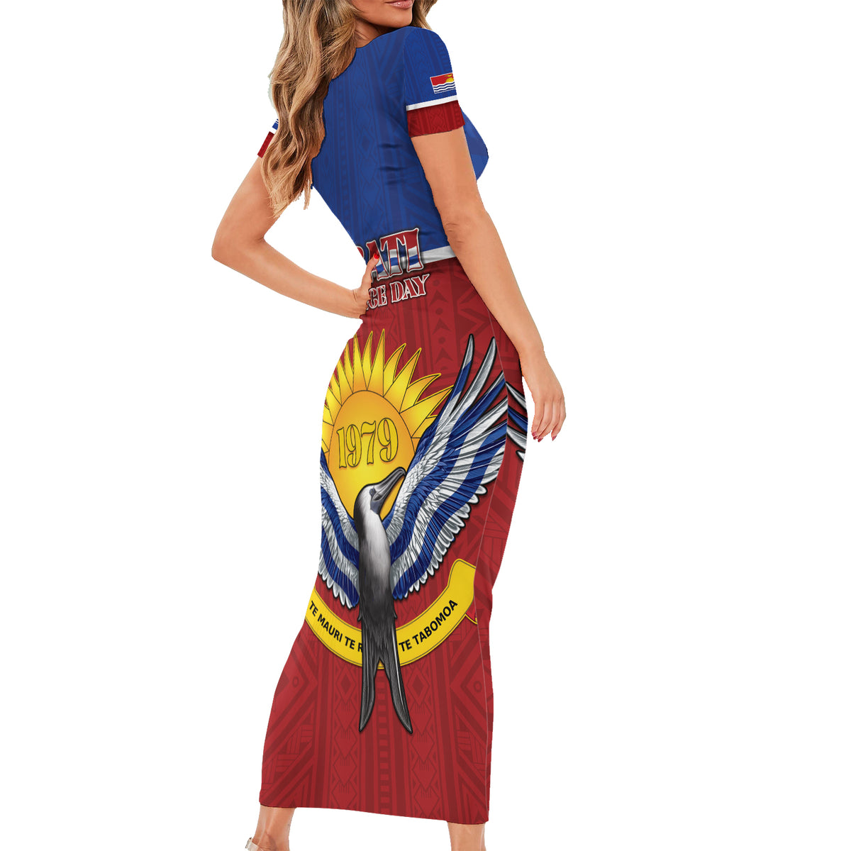 Kiribati 45th Independence Day Short Sleeve Bodycon Dress Lesser Frigatebird Tribal Pattern LT05 - Polynesian Pride