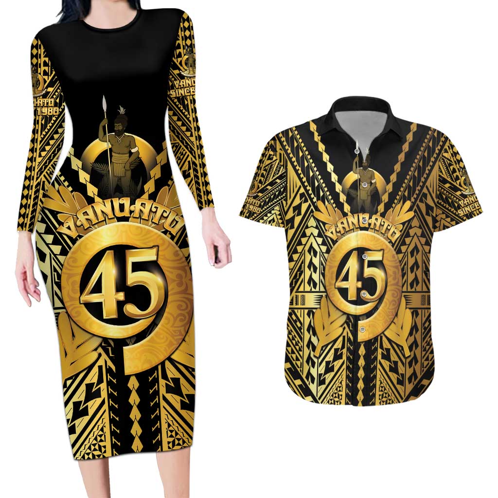 Vanuatu 45th Anniversary Of Independence Couples Matching Long Sleeve Bodycon Dress and Hawaiian Shirt Gold Style LT05 Gold - Polynesian Pride