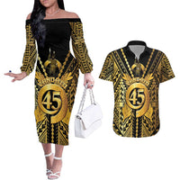 Vanuatu 45th Anniversary Of Independence Couples Matching Off The Shoulder Long Sleeve Dress and Hawaiian Shirt Gold Style LT05 Gold - Polynesian Pride