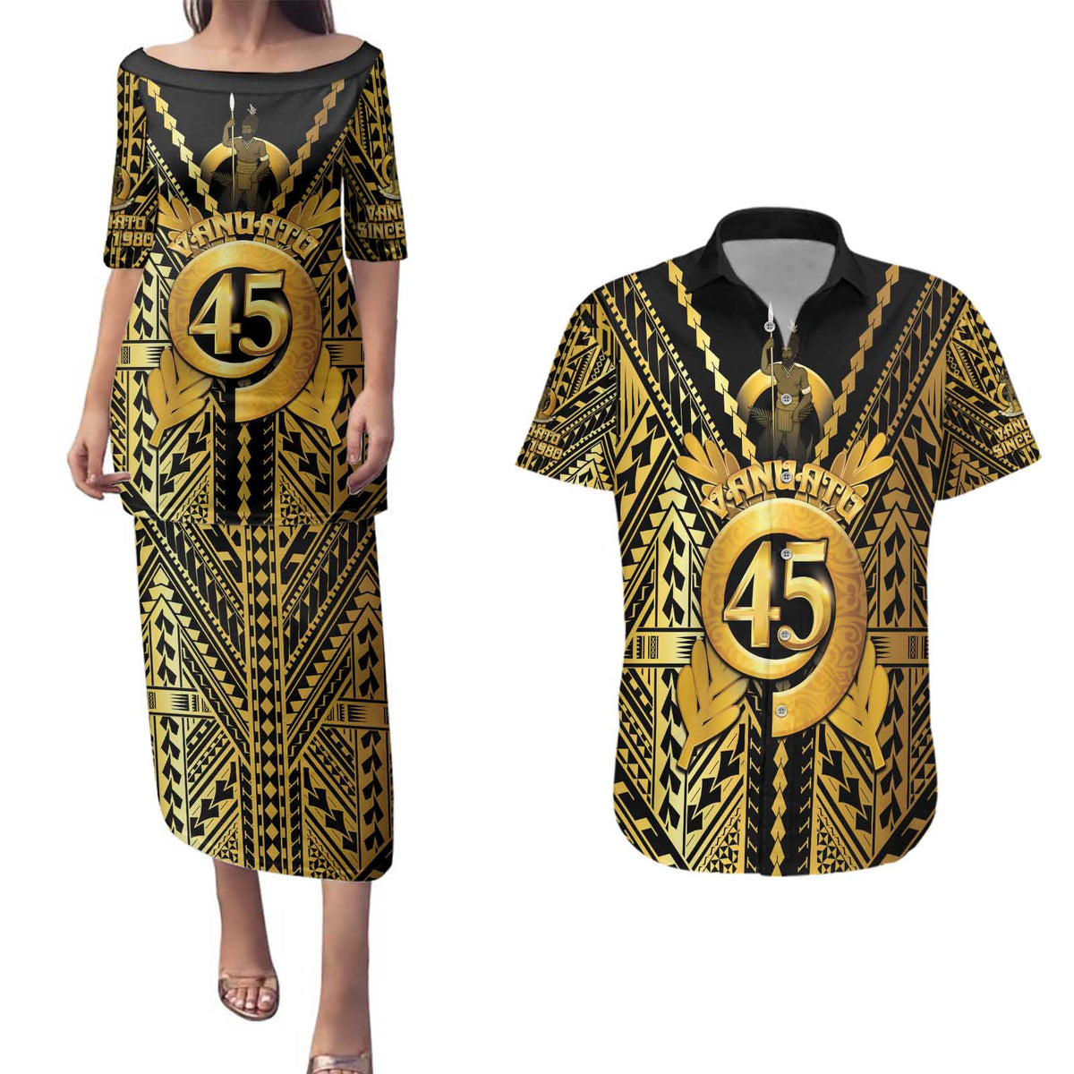 Vanuatu 45th Anniversary Of Independence Couples Matching Puletasi and Hawaiian Shirt Gold Style - Polynesian Pride