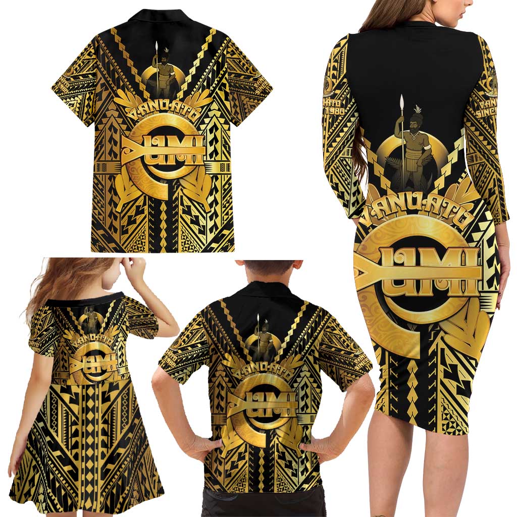Vanuatu 45th Anniversary Of Independence Family Matching Long Sleeve Bodycon Dress and Hawaiian Shirt Gold Style LT05 - Polynesian Pride