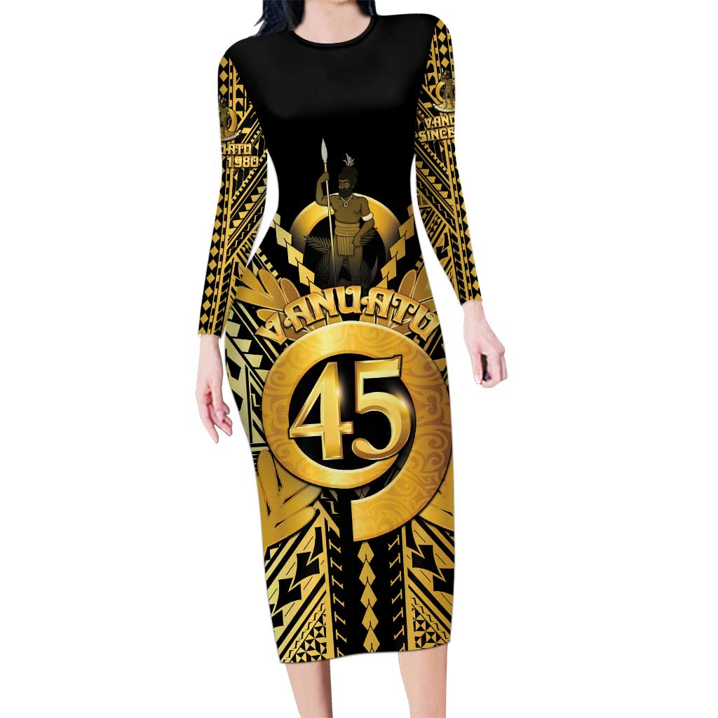 Vanuatu 45th Anniversary Of Independence Family Matching Long Sleeve Bodycon Dress and Hawaiian Shirt Gold Style LT05 Mom's Dress Gold - Polynesian Pride