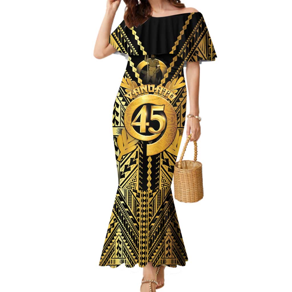 Vanuatu 45th Anniversary Of Independence Family Matching Mermaid Dress and Hawaiian Shirt Gold Style LT05 Mom's Dress Gold - Polynesian Pride