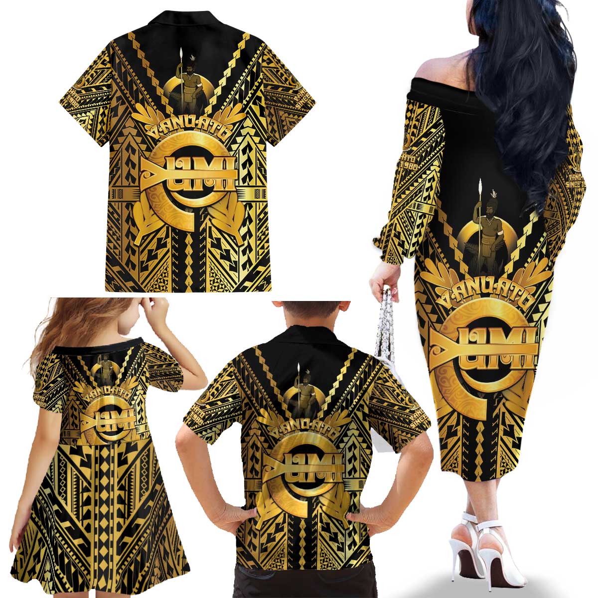 Vanuatu 45th Anniversary Of Independence Family Matching Off The Shoulder Long Sleeve Dress and Hawaiian Shirt Gold Style LT05 - Polynesian Pride