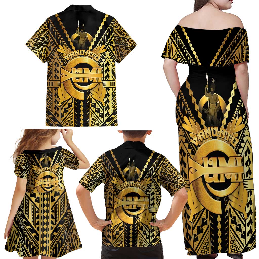 Vanuatu 45th Anniversary Of Independence Family Matching Off Shoulder Maxi Dress and Hawaiian Shirt Gold Style LT05 - Polynesian Pride