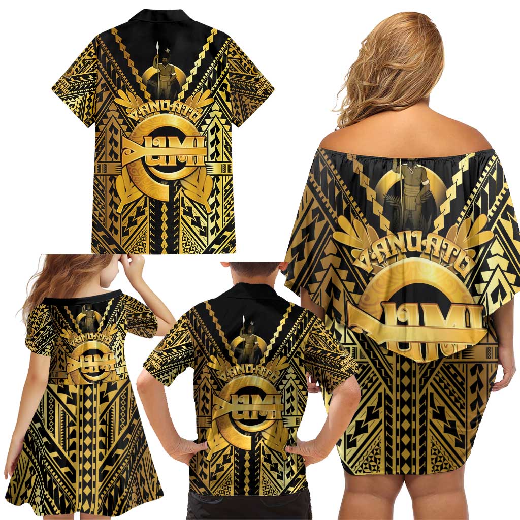 Vanuatu 45th Anniversary Of Independence Family Matching Off Shoulder Short Dress and Hawaiian Shirt Gold Style LT05 - Polynesian Pride