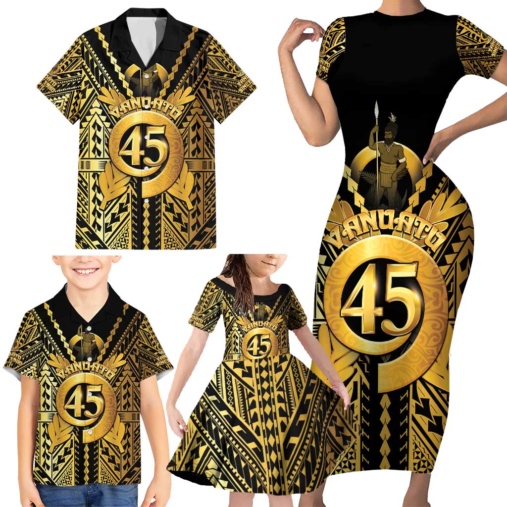 Vanuatu 45th Anniversary Of Independence Family Matching Short Sleeve Bodycon Dress and Hawaiian Shirt Gold Style LT05 - Polynesian Pride