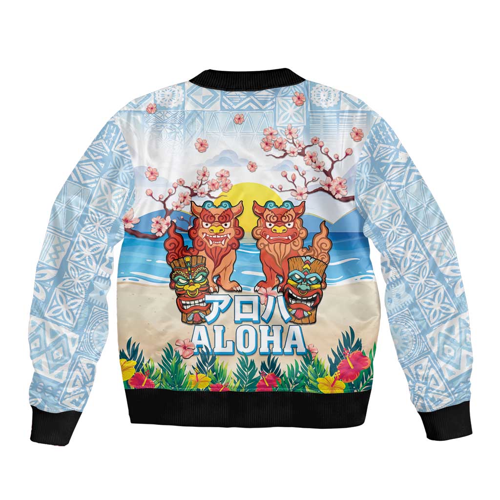 Hawaii And Japan Okinawa Bomber Jacket Aloha Gozaimasu Tiki With Shisa LT05 - Polynesian Pride