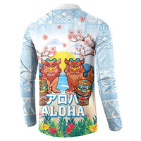 Hawaii And Japan Okinawa Button Sweatshirt Aloha Gozaimasu Tiki With Shisa