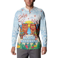 Hawaii And Japan Okinawa Button Sweatshirt Aloha Gozaimasu Tiki With Shisa