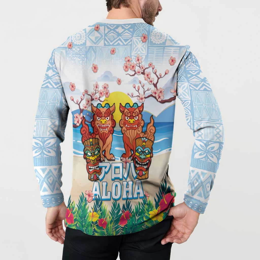 Hawaii And Japan Okinawa Button Sweatshirt Aloha Gozaimasu Tiki With Shisa